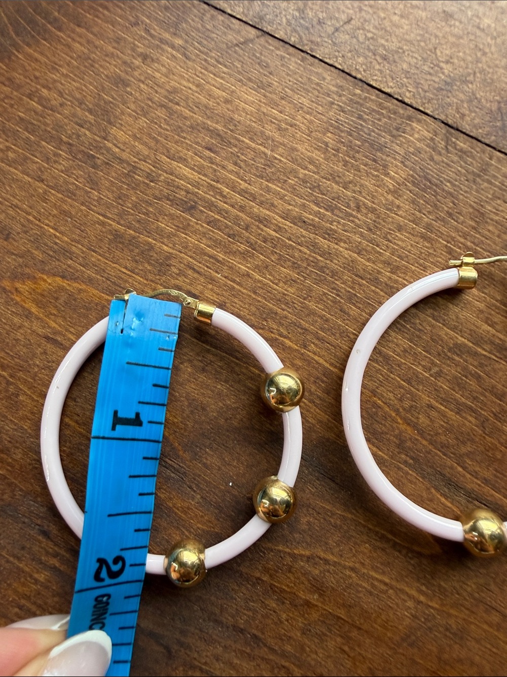 Vintage 750 Pink Hoop Earrings with Gold Bead Accents - Picture 4 of 7